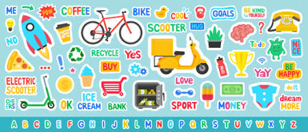 Cute sticker template. Collection of colorful stickers covering diverse subjects with text and picture icons. Flat Styleのイラスト素材