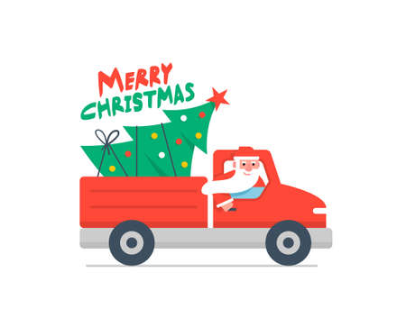 Christmas truck and Christmas tree. Red pickup with santa claus. Merry Christmasのイラスト素材