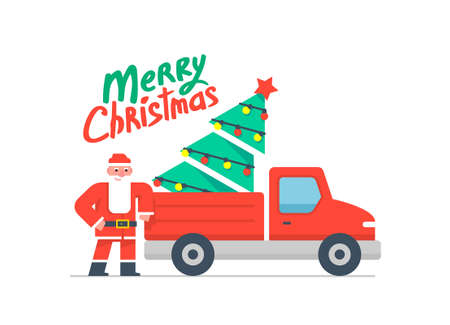 Christmas truck and Christmas tree. Red pickup with santa claus. Merry Christmasのイラスト素材