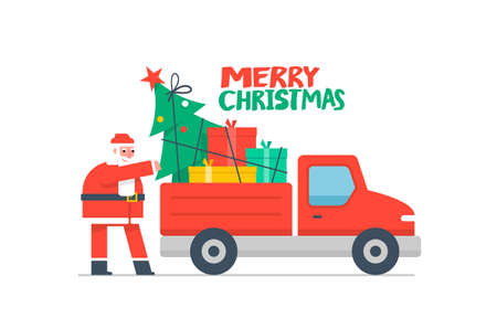 Christmas truck and Christmas tree. Red pickup with santa claus. Christmas tree and gift boxesのイラスト素材