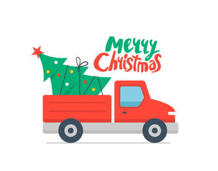 Christmas truck and Christmas tree. Red pickup and Christmas tree. Merry Christmasのイラスト素材