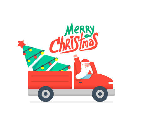 Christmas truck and Christmas tree. Red pickup with santa claus. Merry Christmasのイラスト素材