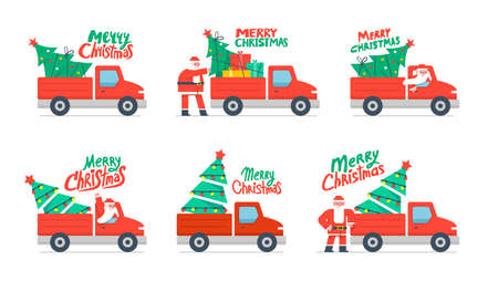 Christmas truck and Christmas tree. Red pickup with santa claus. Christmas tree and gift boxesのイラスト素材