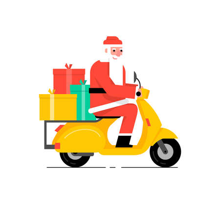 Santa Claus driving scooter. Flat Style. isolated on white backgroundのイラスト素材