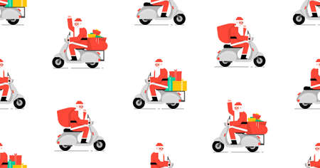 Seamless pattern with Santa Claus driving scooter. isolated on white backgroundのイラスト素材