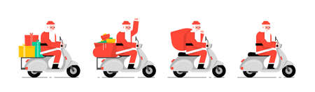 Santa Claus driving scooter. Flat Style. isolated on white backgroundのイラスト素材