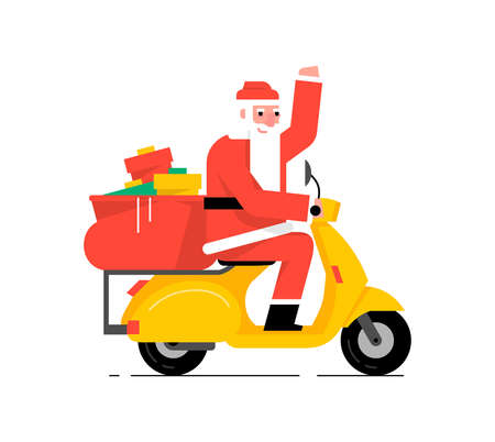 Santa Claus driving scooter. Flat Style. isolated on white backgroundのイラスト素材