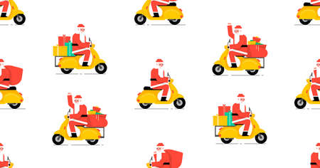 Seamless pattern with Santa Claus driving scooter. isolated on white backgroundのイラスト素材