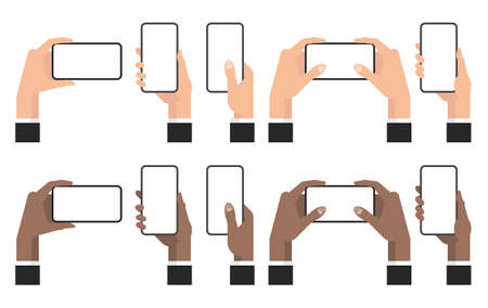 Hands holding a Phone Mockup. Set of man hands holding blank white screen smartphone isolated on white backgroundのイラスト素材