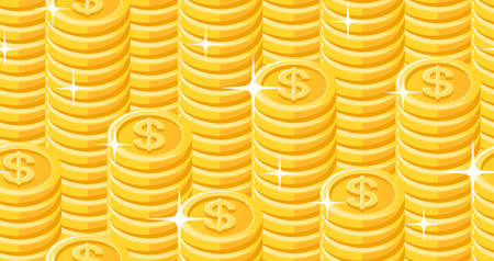 Seamless pattern of Gold coins stack. Flat style. isolated on white backgroundのイラスト素材