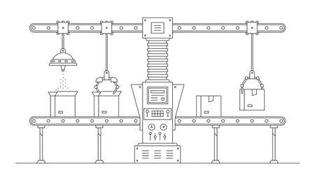 Conveyor system. Automated production line. Robotic industry concept. Industrial machine. Conveyor Automatic Production Line with Cardboard Boxesのイラスト素材