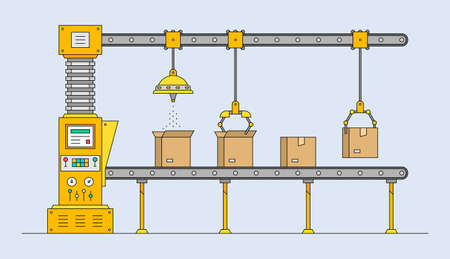 Conveyor system. Automated production line. Robotic industry concept. Industrial machine. Conveyor Automatic Production Line with Cardboard Boxesのイラスト素材