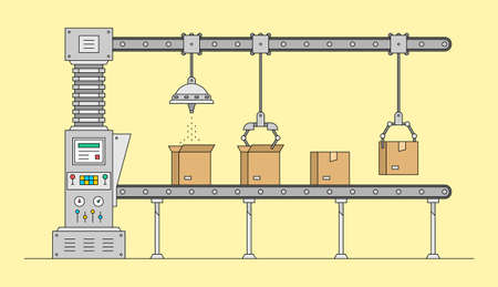 Conveyor system. Automated production line. Robotic industry concept. Industrial machine. Conveyor Automatic Production Line with Cardboard Boxesのイラスト素材