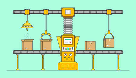 Conveyor system. Automated production line. Robotic industry concept. Industrial machine. Conveyor Automatic Production Line with Cardboard Boxesのイラスト素材
