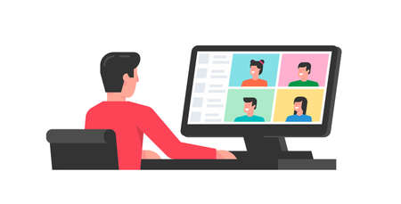 Online Conference. Group video chat. Remote team work. Flat Style. isolated on white backgroundのイラスト素材