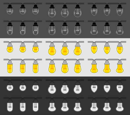 Light bulbs. Vintage lamps hanging on wires, decoration glowing retro objects. Flat Styleのイラスト素材