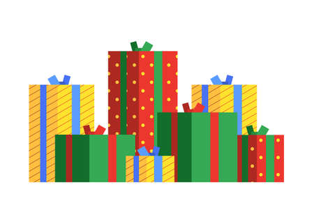 Big pile of presents. Different Christmas gift boxes. Christmas gift box. Flat Styleのイラスト素材