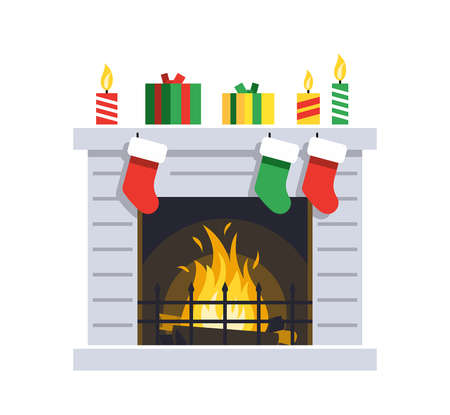 Christmas fireplace. Decoration with fireplace. Holiday decorating template. Flat Styleのイラスト素材