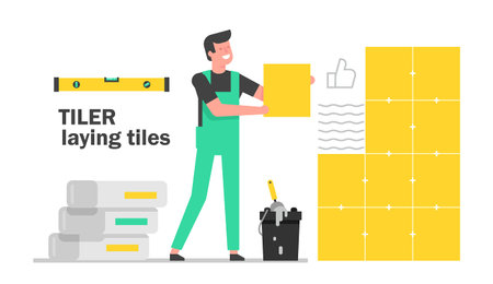 Tiler laying tiles. The tiler glue the ceramic tiles to the wall.  Laying tiles at home