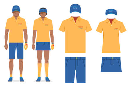 Golf clothes. Men's and women's t-shirt design template, cap and shorts. Sports uniformのイラスト素材