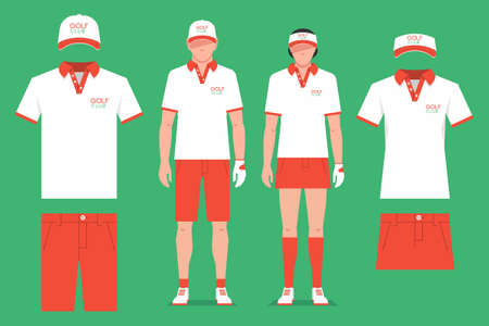 Golf clothes. Men's and women's t-shirt design template, cap and shorts. Sports uniformのイラスト素材