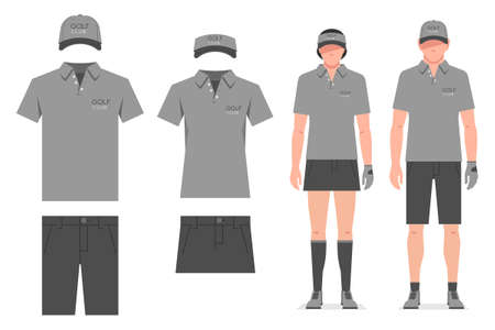 Golf clothes. Men's and women's t-shirt design template, cap and shorts. Sports uniformのイラスト素材