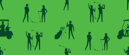 Seamless pattern with golf players. Golfer sports equipment. flat style. isolated on green backgroundのイラスト素材