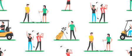 Seamless pattern with golf players. Golfer sports equipment. flat style. isolated on white backgroundのイラスト素材
