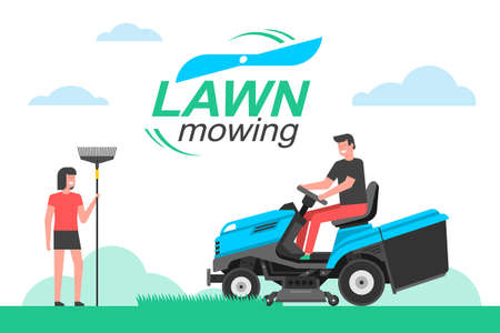 Man driving a tractor lawn mower in garden. mowing lawn. flat styleのイラスト素材