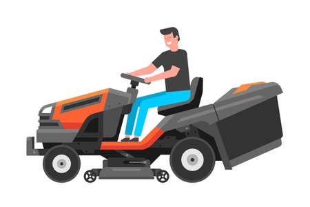 Man driving a riding lawn mower. mowing lawn. flat styleのイラスト素材