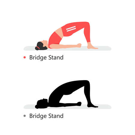 Young sporty woman practicing yoga, Bridge Stand. flat style. isolated on black backgroundのイラスト素材