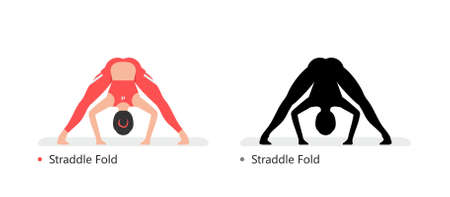 Young sporty woman practicing yoga, Straddle Fold. flat style. isolated on black backgroundのイラスト素材