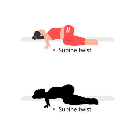 Young sporty woman practicing yoga, Supine twist. flat style. isolated on black backgroundのイラスト素材