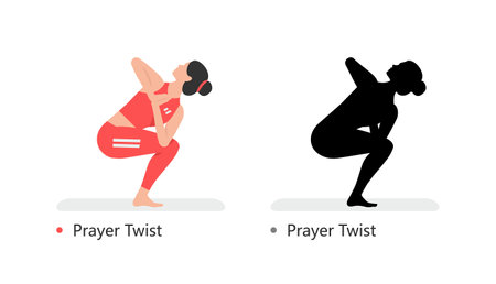 Young sporty woman practicing yoga, Prayer Twist. flat style. isolated on black backgroundのイラスト素材