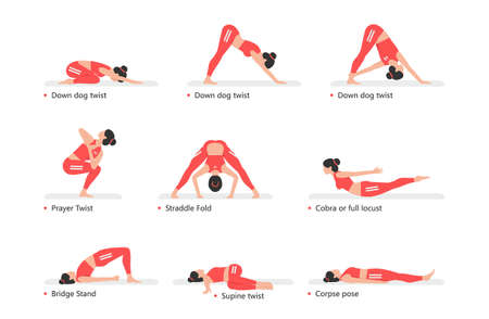 Yoga Poses set. Set of sportive young woman doing yoga. Healthy lifestyle. flat styleのイラスト素材