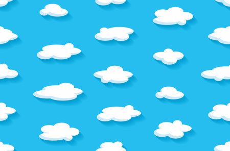 Seamless pattern with cartoon white clouds on blue background. flat styleのイラスト素材