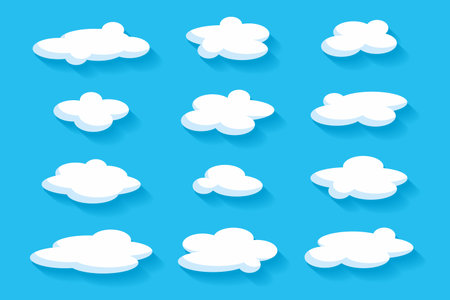 Cartoon white clouds on blue background. Different clouds set. flat styleのイラスト素材