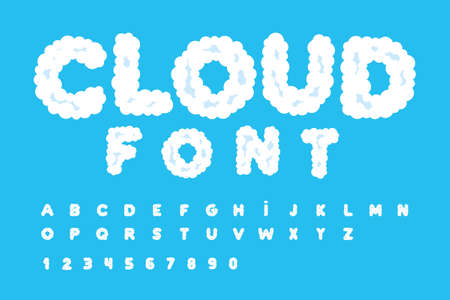 Cloud font, alphabet, letters and numbers. ABCs of white clouds in blue sky. flat styleのイラスト素材