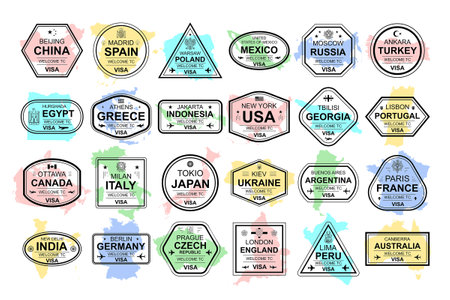 Set of travel visa stamps. International tourism. Airport cachet mark. isolated on white backgroundのイラスト素材