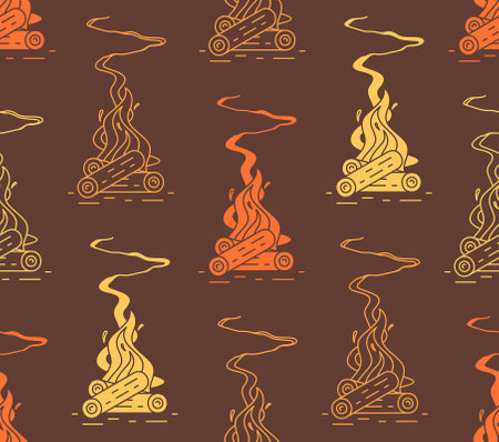 Seamless pattern with Burning bonfire. Fire wood and campfire. flat styleのイラスト素材