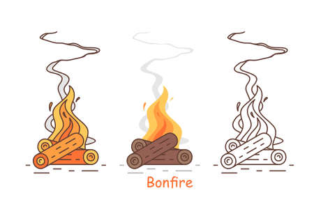 Burning bonfire with wood. Fire wood and campfire icon. flat styleのイラスト素材