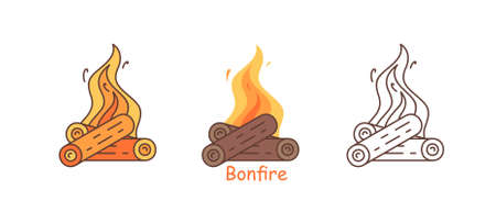 Burning bonfire with wood. Fire wood and campfire icon. flat styleのイラスト素材