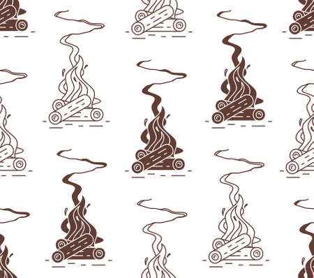 Seamless pattern with Burning bonfire. Fire wood and campfire. flat styleのイラスト素材