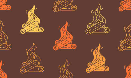 Seamless pattern with Burning bonfire. Fire wood and campfire. flat styleのイラスト素材
