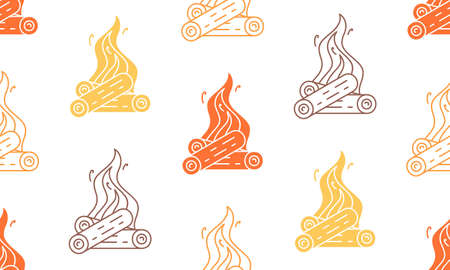 Seamless pattern with Burning bonfire. Fire wood and campfire. flat styleのイラスト素材