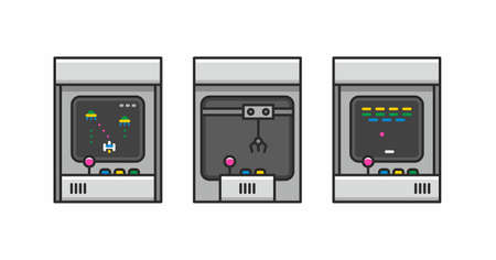 Game Machines Collection. Vintage arcade game machine. Old video game play iconのイラスト素材