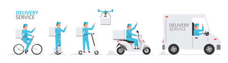 Online delivery service. Truck, drone, electric scooter, gyroboard, scooter and bicycle courier. Delivery service conceptのイラスト素材