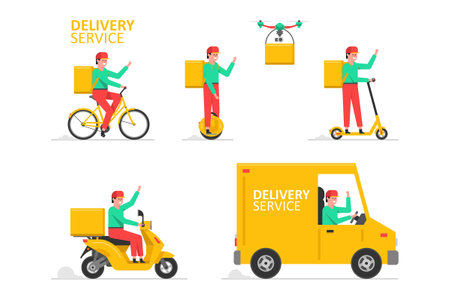 Online delivery service. Truck, drone, electric scooter, gyroboard, scooter and bicycle courier. Delivery service conceptのイラスト素材
