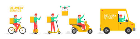 Online delivery service. Truck, drone, electric scooter, gyroboard, scooter and bicycle courier. Delivery service conceptのイラスト素材