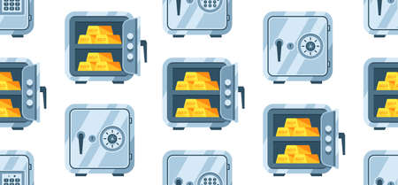 Seamless pattern with Metal Safes. Open and Closed safe with Gold ingots and Dollars. Flat styleのイラスト素材